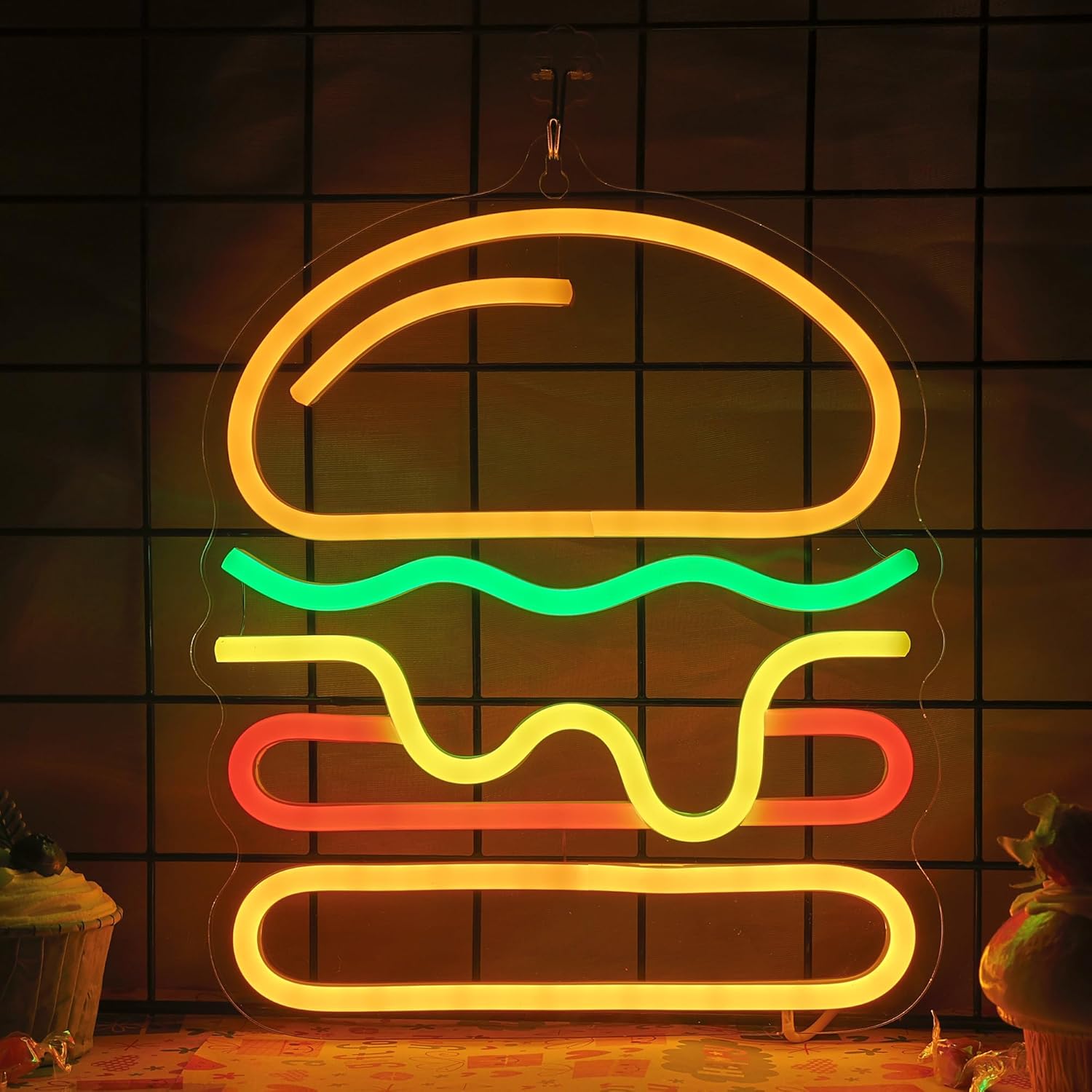 Photography Lighting For Food - Неоновая вывеска Burger с многослойным сыром,